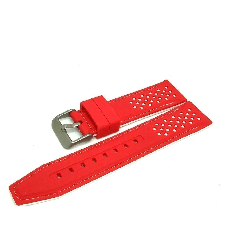 Men's Watch Band Replacement Red White Rubber Strap 22mm Lug Silver Buck…